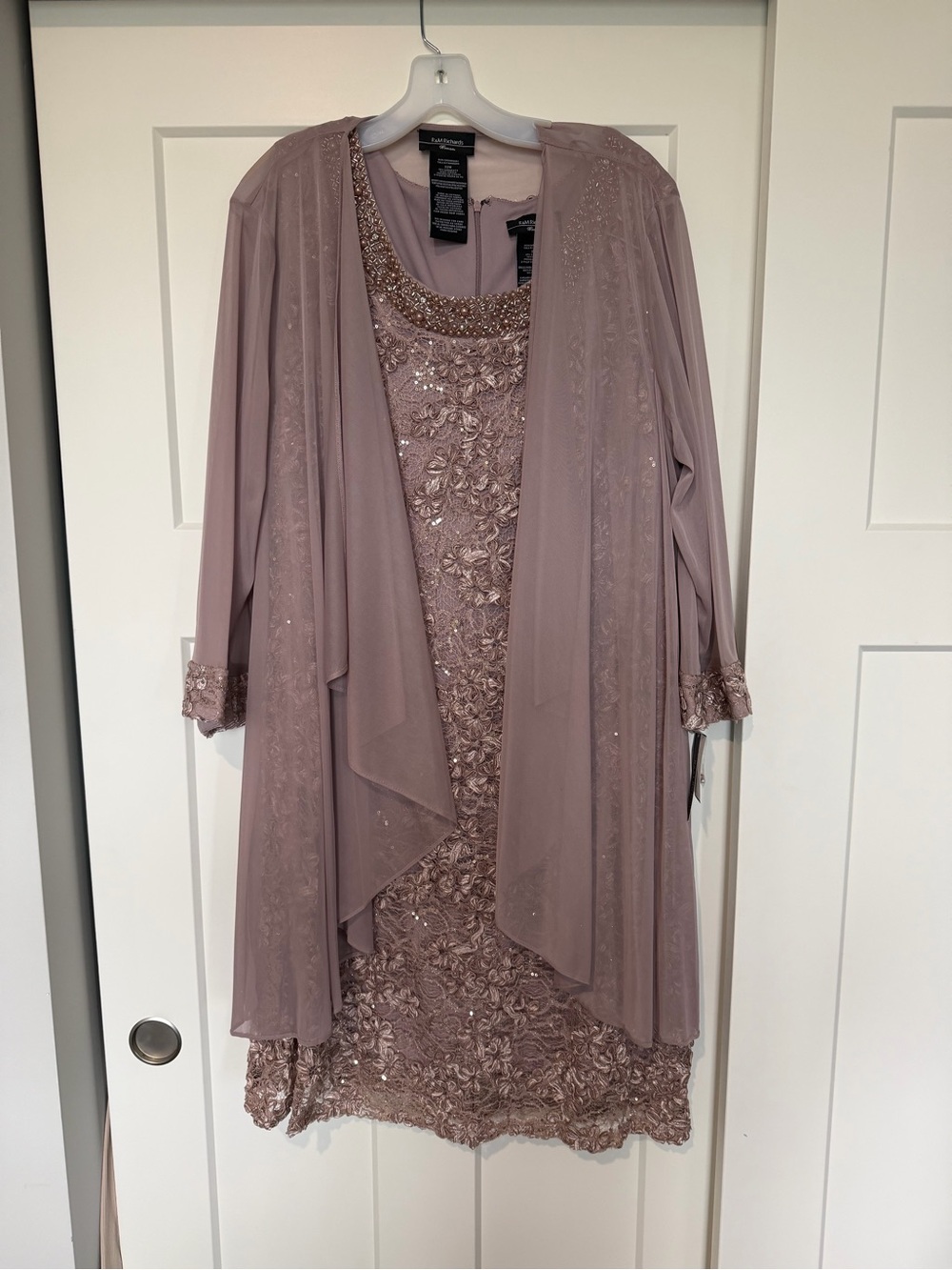 R&M Richards Beaded Lace Dress in Mauve Pink with Embellished Neckline